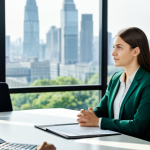 A professional environmental consultant, fully clothed in a modest business suit, sitting confidently at a sleek, modern negotiation table in a well-lit conference room. The background features subtle green design elements and large windows overlooking a city skyline. The individual maintains a natural pose and professional demeanor, actively participating in a discussion. Perfect anatomy, correct proportions, well-formed hands, proper finger count, natural body proportions, professional photography, high quality, safe for work, appropriate content, family-friendly.
