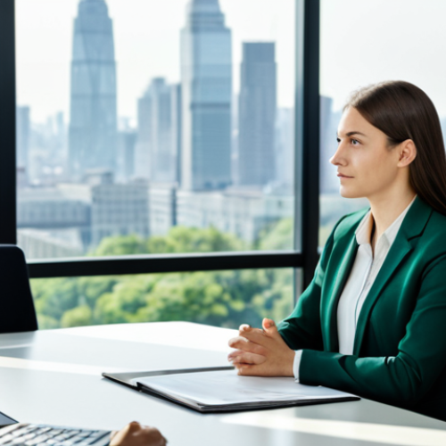 Home 14 A professional environmental consultant, fully clothed in a modest business suit, sitting confidently at a sleek, modern negotiation table in a well-lit conference room. The background features subtle green design elements and large windows overlooking a city skyline. The individual maintains a natural pose and professional demeanor, actively participating in a discussion. Perfect anatomy, correct proportions, well-formed hands, proper finger count, natural body proportions, professional photography, high quality, safe for work, appropriate content, family-friendly.