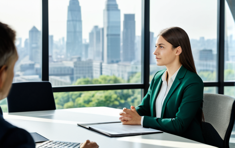 A professional environmental consultant, fully clothed in a modest business suit, sitting confidently at a sleek, modern negotiation table in a well-lit conference room. The background features subtle green design elements and large windows overlooking a city skyline. The individual maintains a natural pose and professional demeanor, actively participating in a discussion. Perfect anatomy, correct proportions, well-formed hands, proper finger count, natural body proportions, professional photography, high quality, safe for work, appropriate content, family-friendly.
