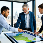 A diverse team of professional environmental consultants, fully clothed in modest business attire, gathered around a large, interactive digital table displaying detailed GIS maps and environmental data. They are engaged in a collaborative discussion, pointing at projections, and analyzing complex information. The setting is a bright, modern consulting office with large windows overlooking a city skyline. The atmosphere is focused and professional. perfect anatomy, correct proportions, natural pose, well-formed hands, proper finger count, natural body proportions, safe for work, appropriate content, fully clothed, professional, high-quality image, professional photography, studio lighting.