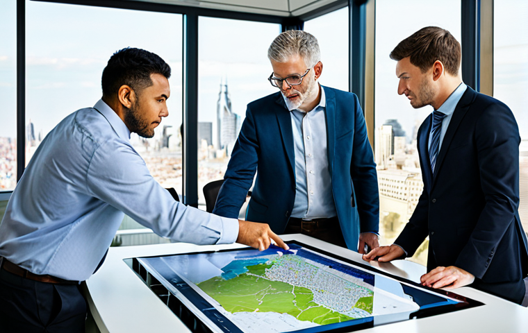 A diverse team of professional environmental consultants, fully clothed in modest business attire, gathered around a large, interactive digital table displaying detailed GIS maps and environmental data. They are engaged in a collaborative discussion, pointing at projections, and analyzing complex information. The setting is a bright, modern consulting office with large windows overlooking a city skyline. The atmosphere is focused and professional. perfect anatomy, correct proportions, natural pose, well-formed hands, proper finger count, natural body proportions, safe for work, appropriate content, fully clothed, professional, high-quality image, professional photography, studio lighting.